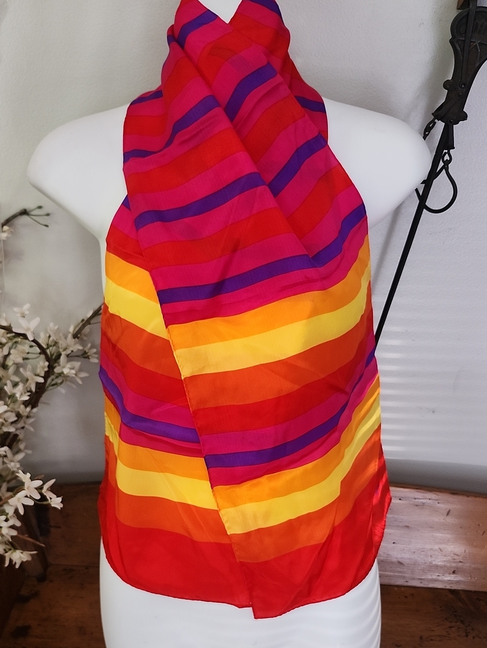 Vtg Honey Vibrant Multi-Stripe Silk Scarf - Bold Rainbow Hues 10 X 51 Inches
